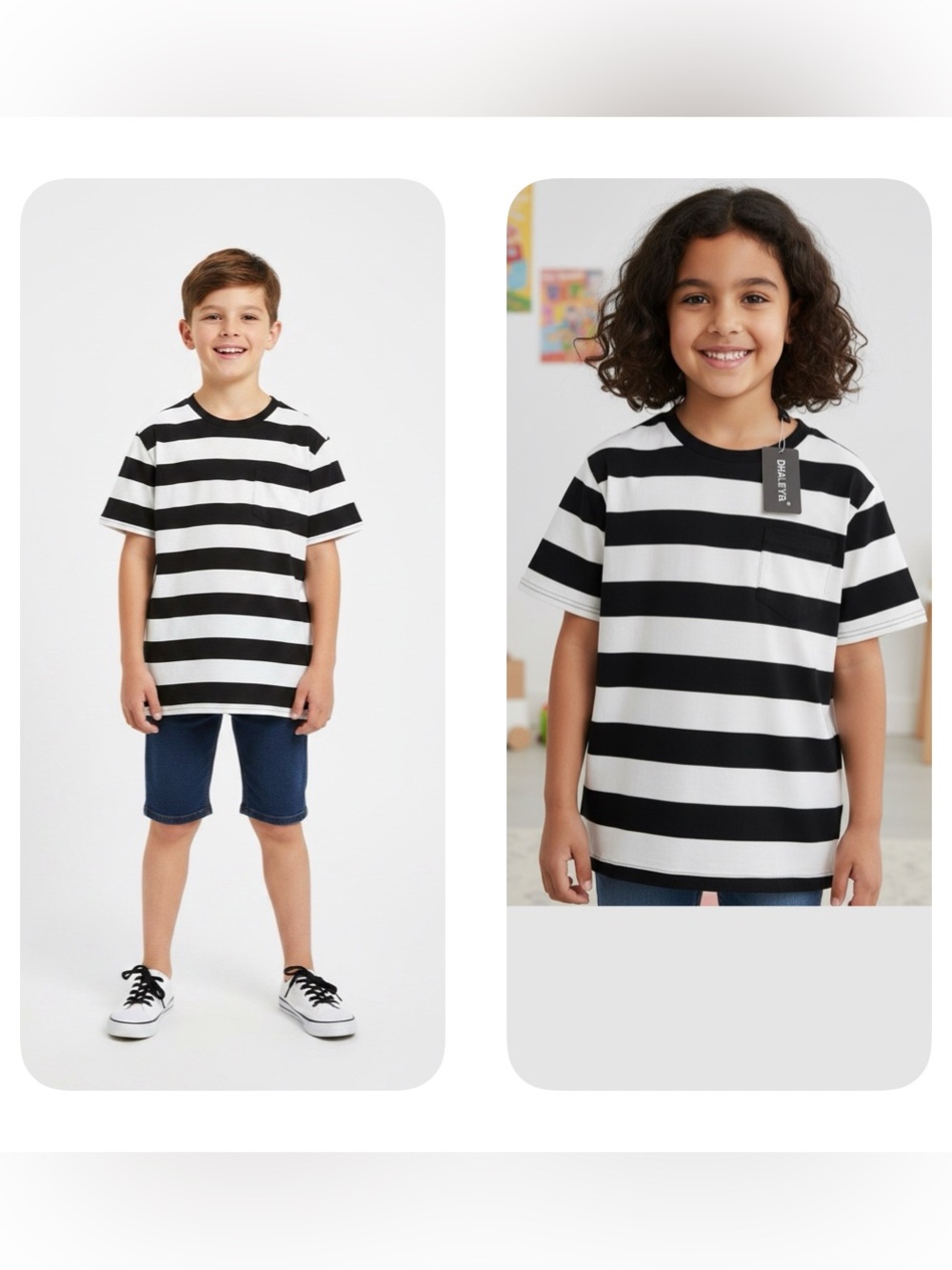 Youth DILBYKE unisex black white stripe Tshirt short sleeve pocket cotton 11 12